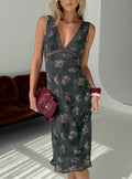 Kenadi Lace Bias Midi Dress Black Floral