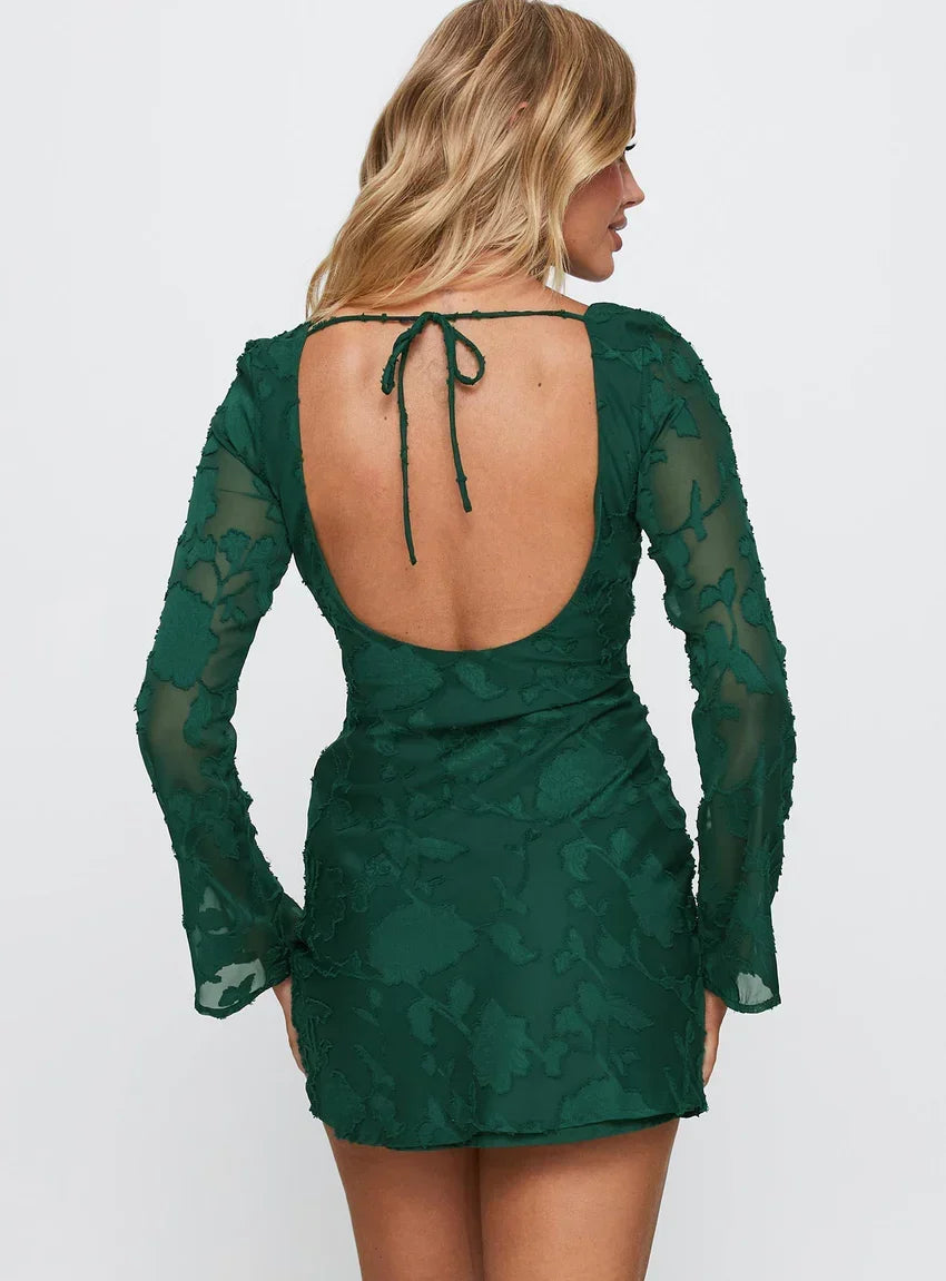 Jadee Long Sleeve Mini Dress Green Burnout