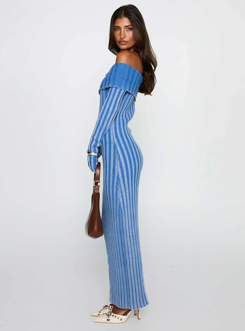Mariska Long Sleeve Rib Maxi Dress Blue