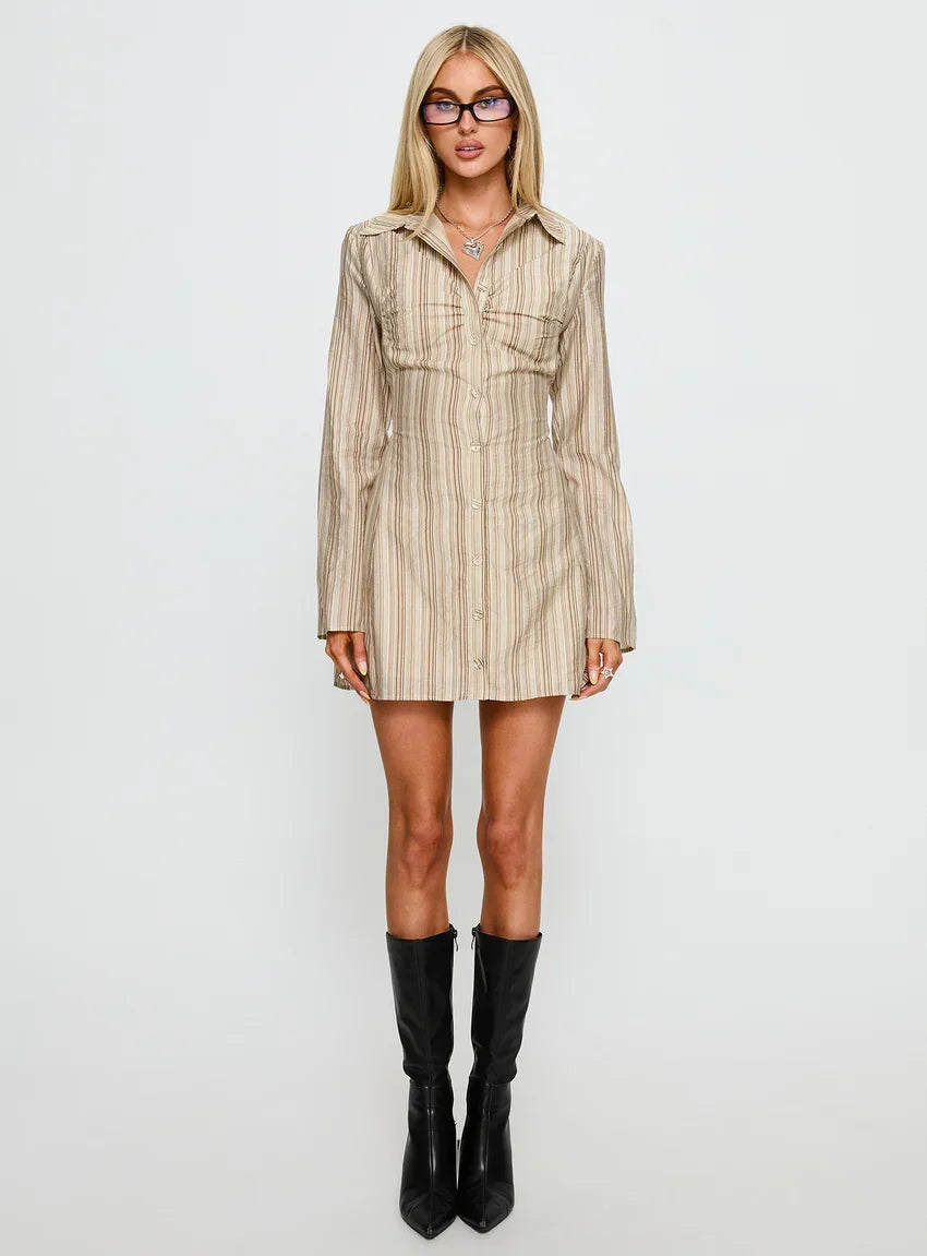 In Your Arms Long Sleeve Tie Back Mini Dress Brown Stripe