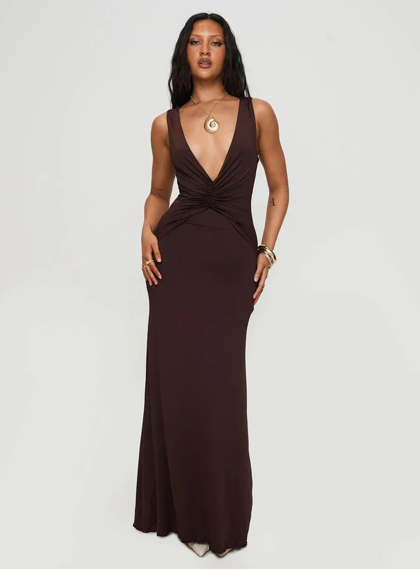 Frederica Plunge Maxi Dress Chocolate Petite