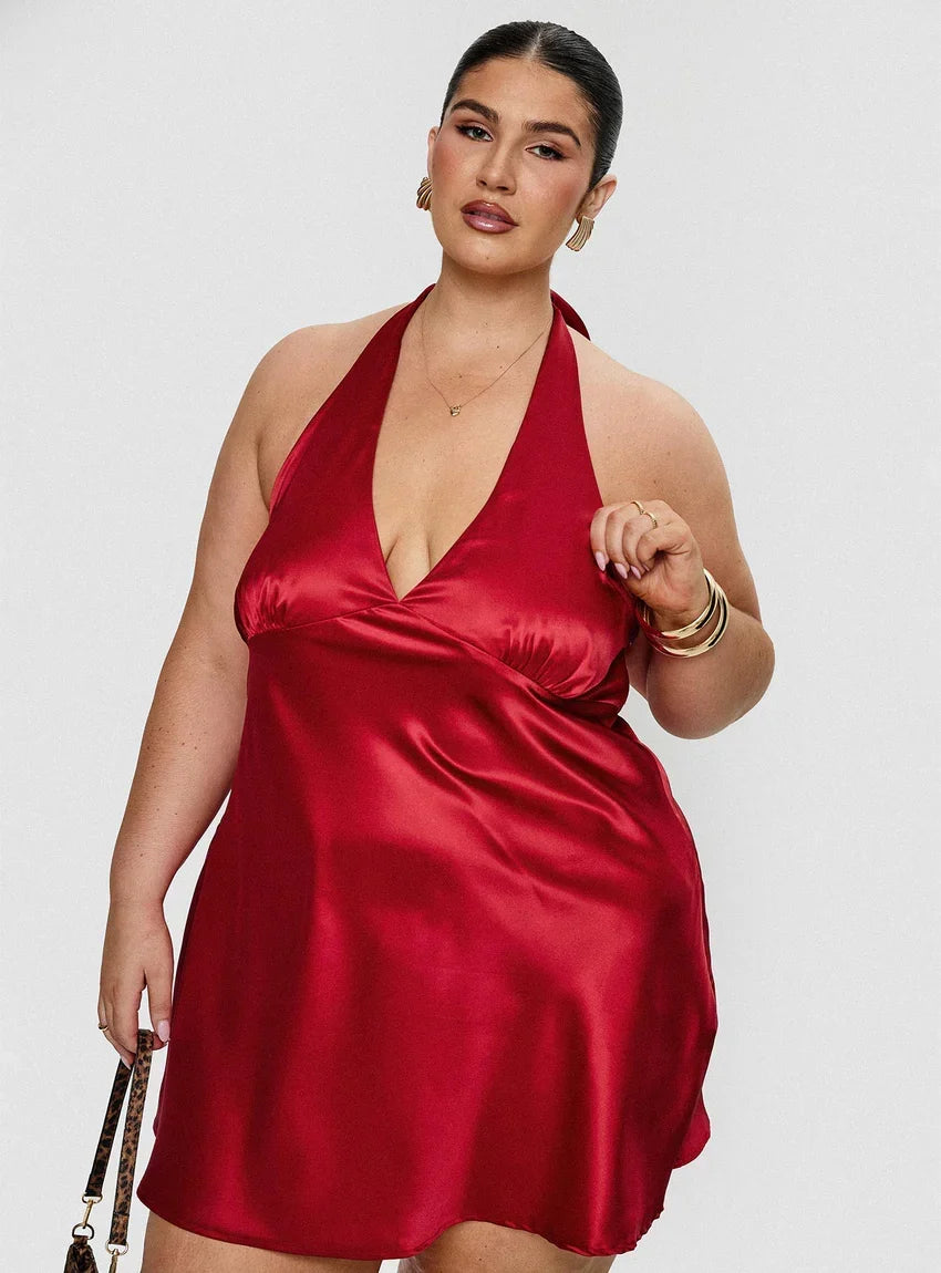 Pelagia Halter Scarf Tie Mini Dress Red Curve