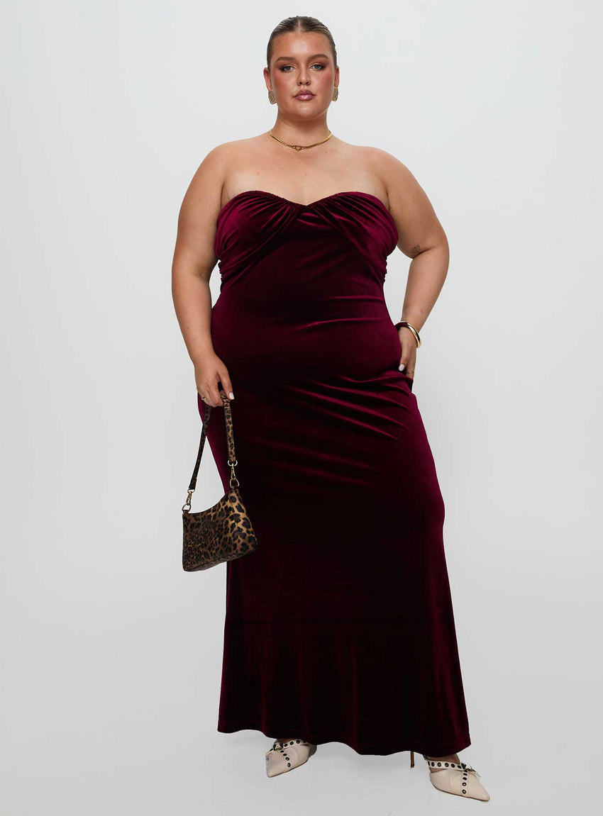Irena Strapless Maxi Dress Burgundy Curve