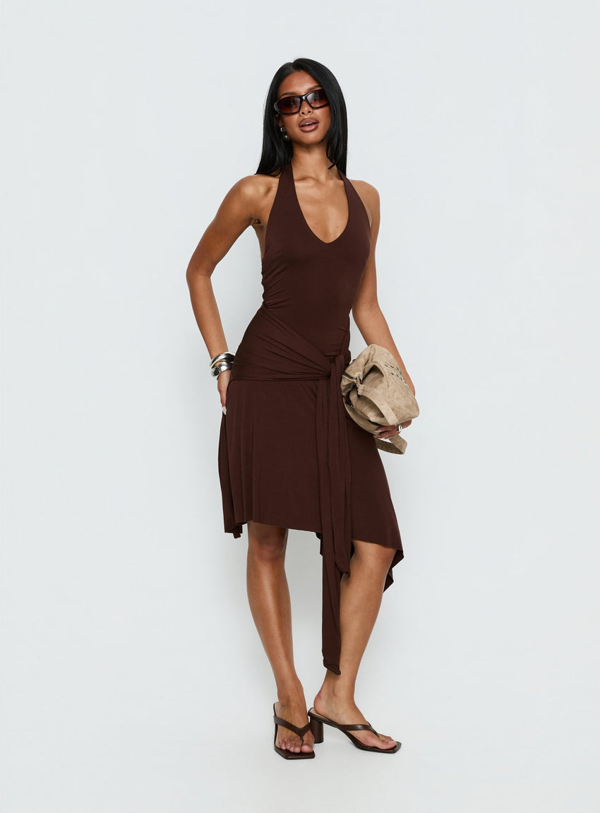 Moonlit Honey Asymmetrical Halter Jersey Midi Dress Chocolate