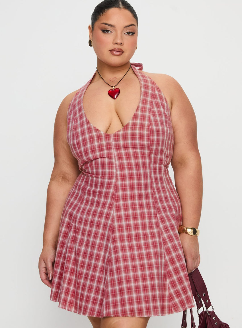Out Of Nowhere Halter Mini Dress Red Check Curve