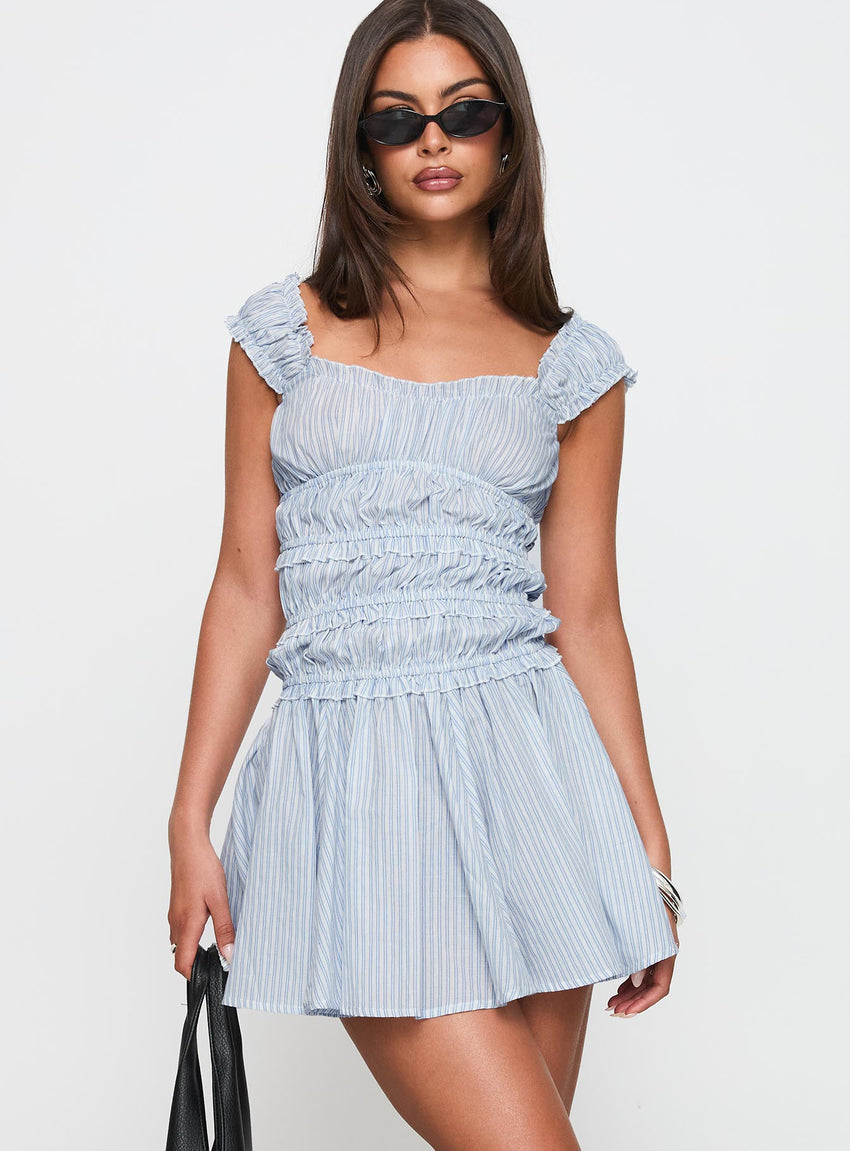 Wonderlust Shirred Mini Dress Blue Stripe