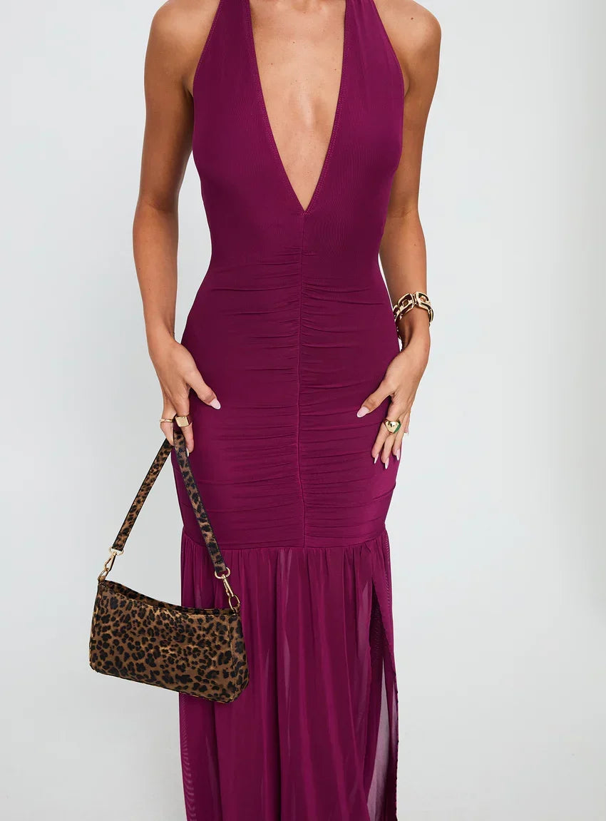 Jailyne Halter Plunge Maxi Dress Plum