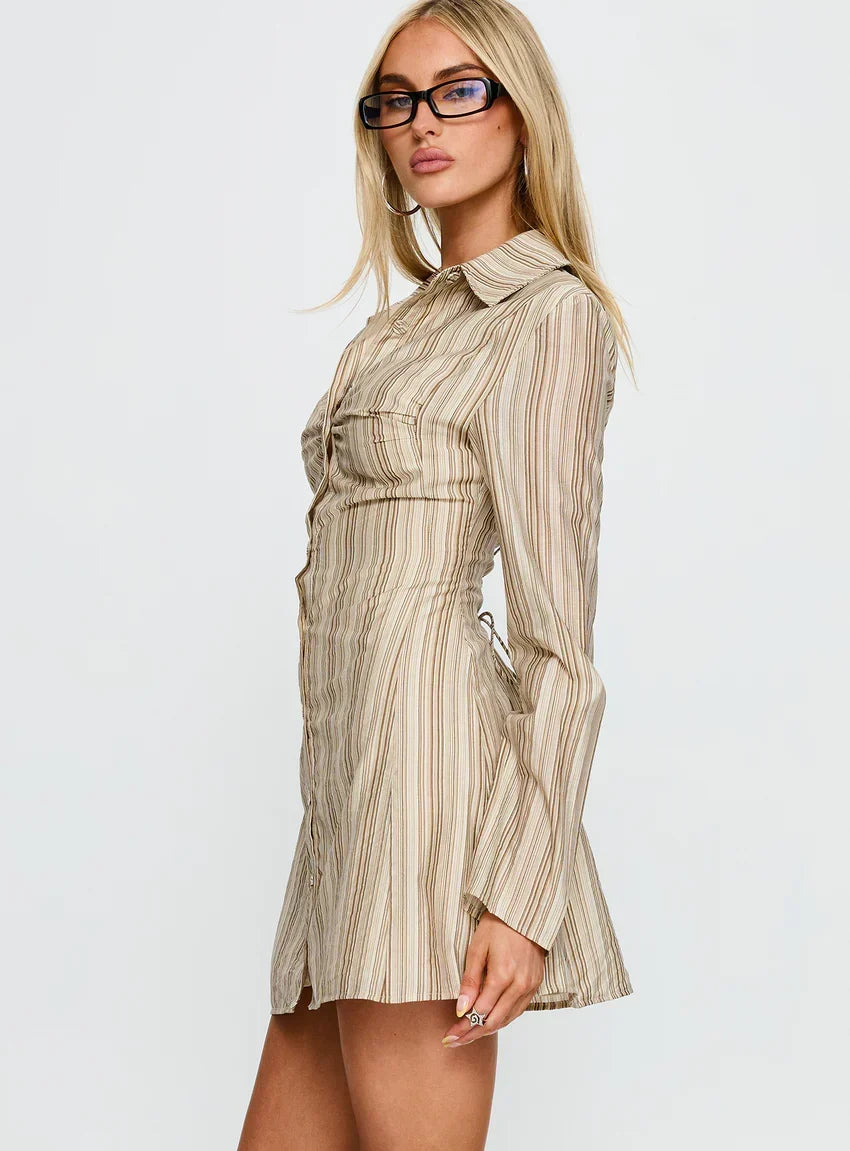 In Your Arms Long Sleeve Tie Back Mini Dress Brown Stripe