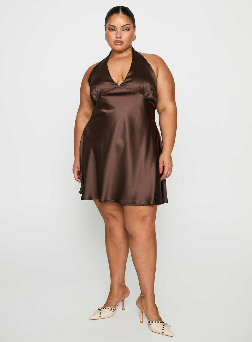 Pelagia Halter Scarf Tie Mini Dress Brown Curve