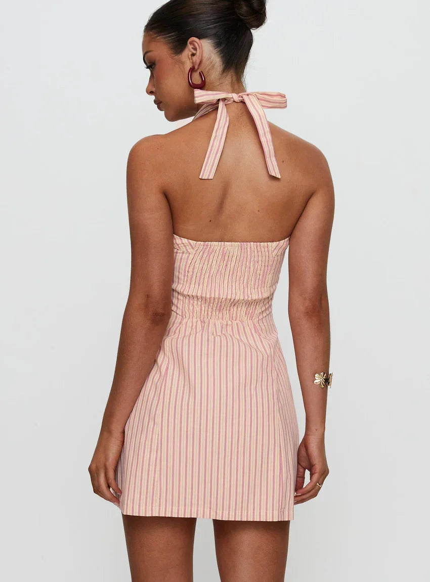 Mallorie Halter Mini Dress Pink Stripe