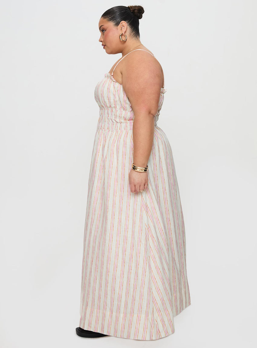 Persephone Shirring Linen Maxi Dress Pink Stripe Curve
