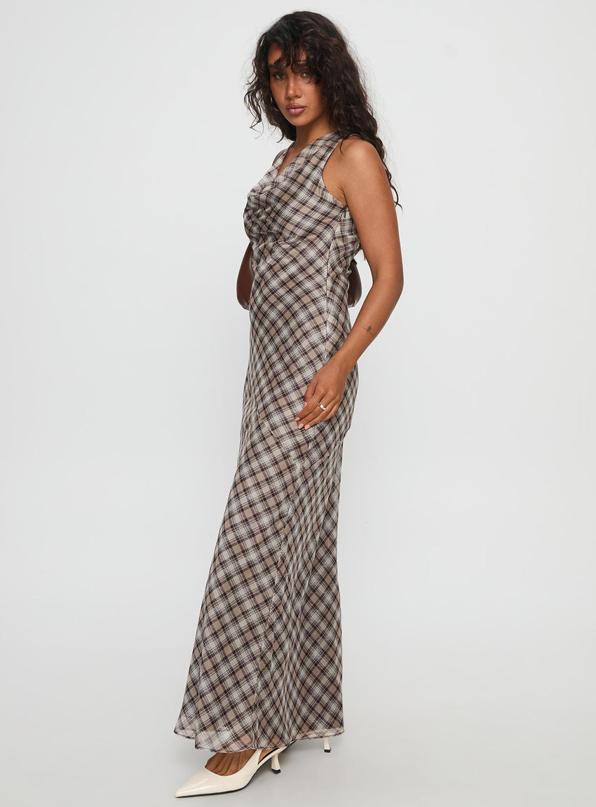 Veida Cowl Neck Maxi Dress Brown Check