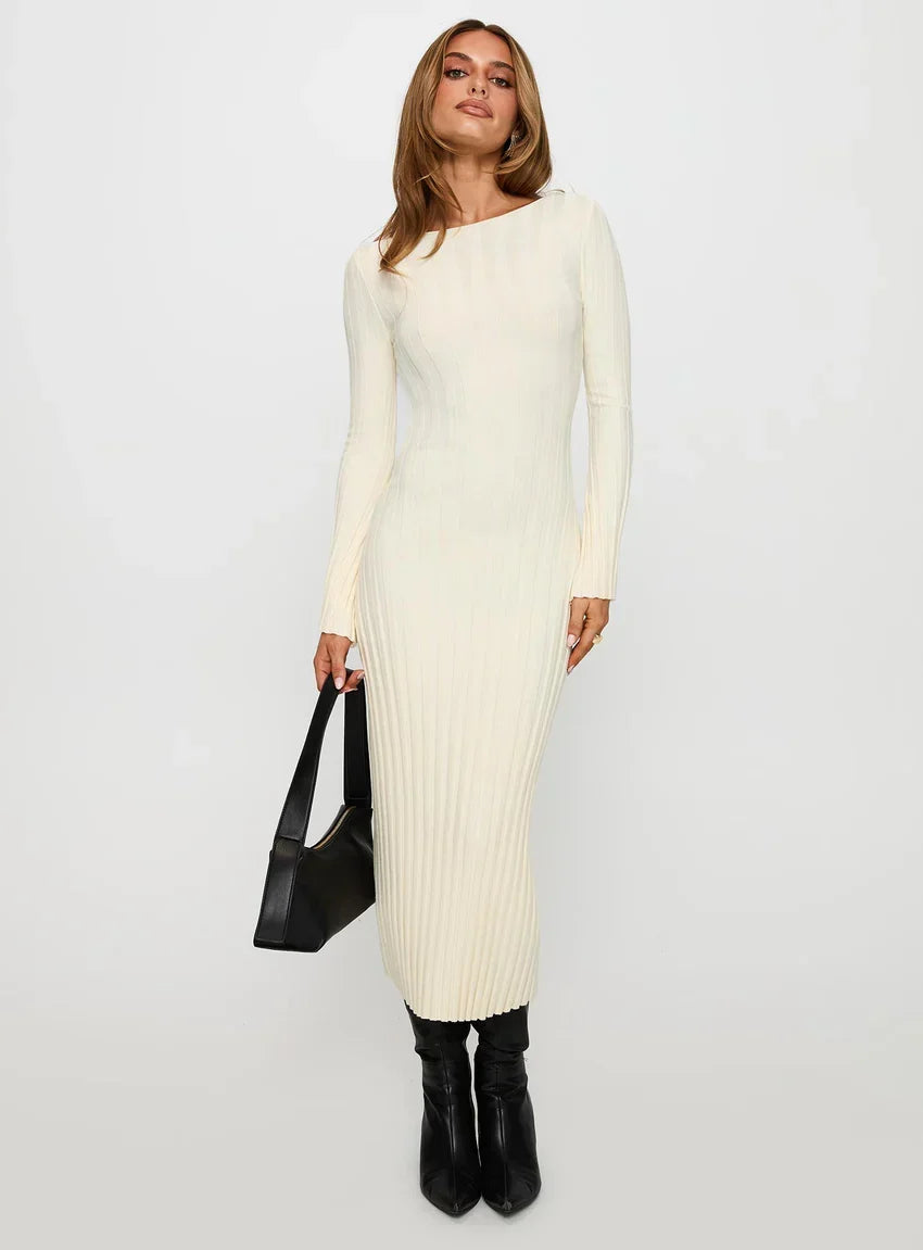 Ryo Long Sleeve Rib Maxi Dress Cream