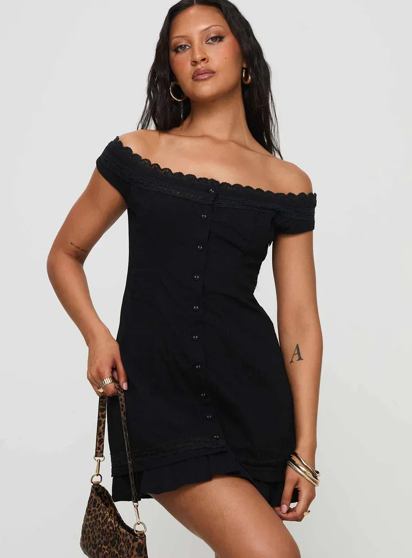 Mirrorball Off The Shoulder Mini Dress Black VIP