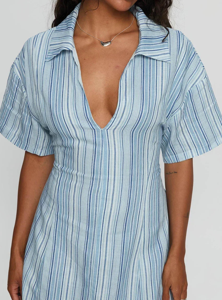 Wylla V Neck Linen Mini Dress Blue Stripe