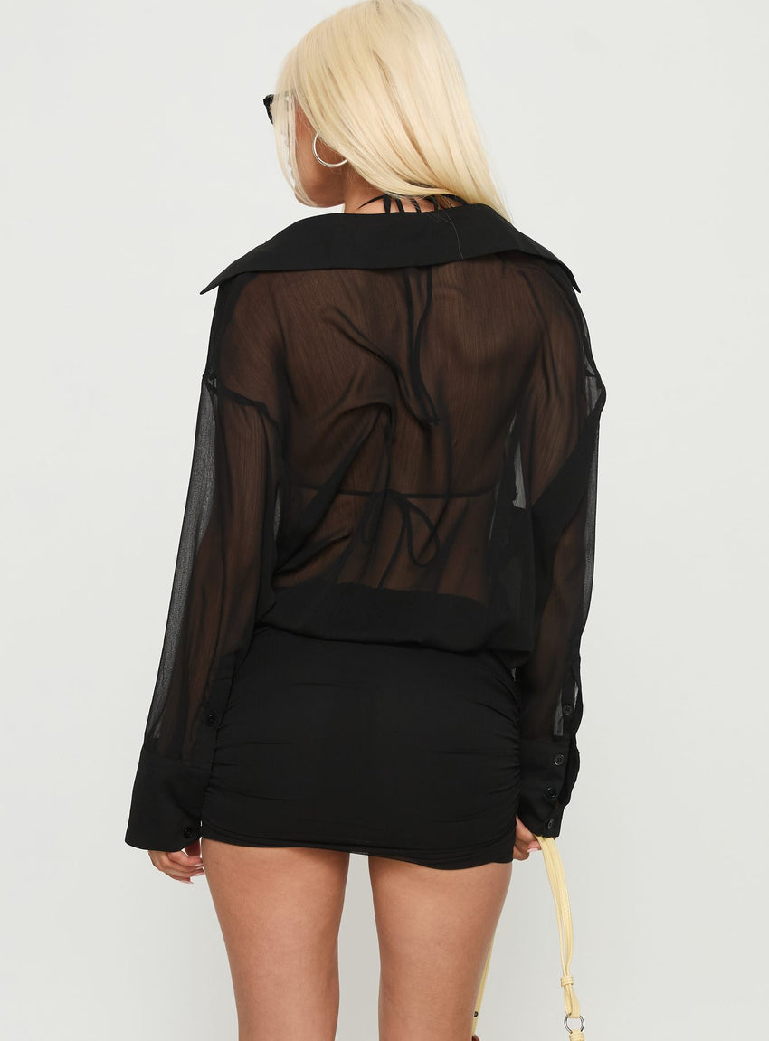 Moonrising Long Sleeve Sheer Blouson Mini Dress Black