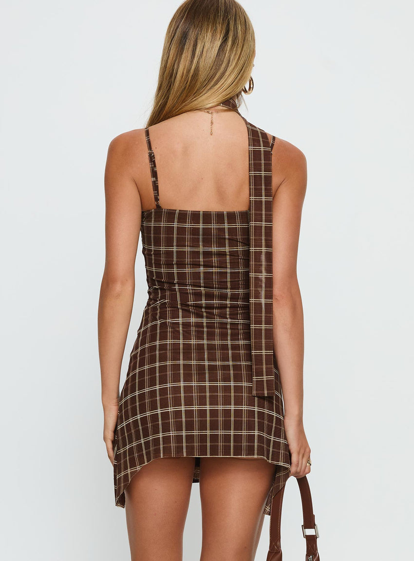 Love Unknown Scarf Tie Mini Dress Brown Check