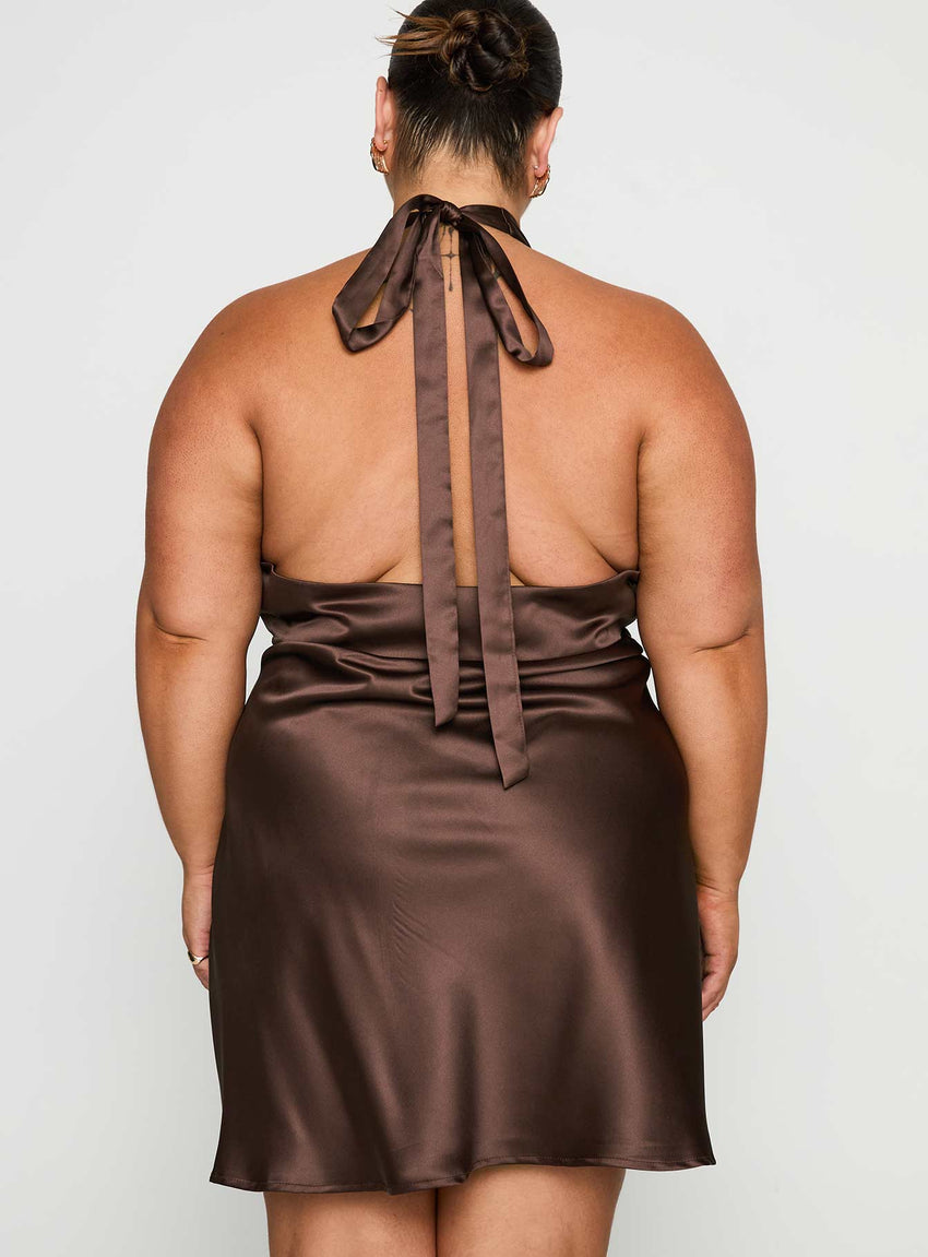 Pelagia Halter Scarf Tie Mini Dress Brown Curve