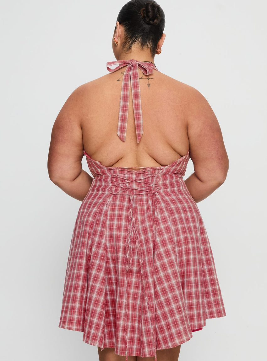 Out Of Nowhere Halter Mini Dress Red Check Curve