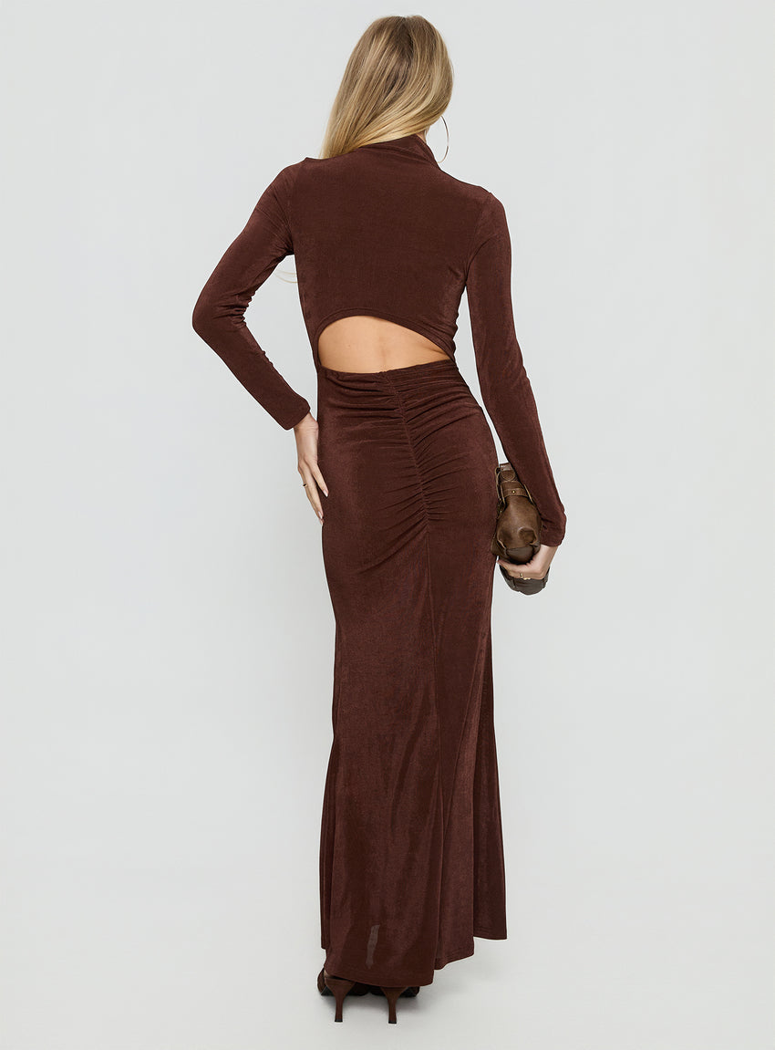 Yaqueline Long Sleeve Ruched Maxi Dress Chocolate