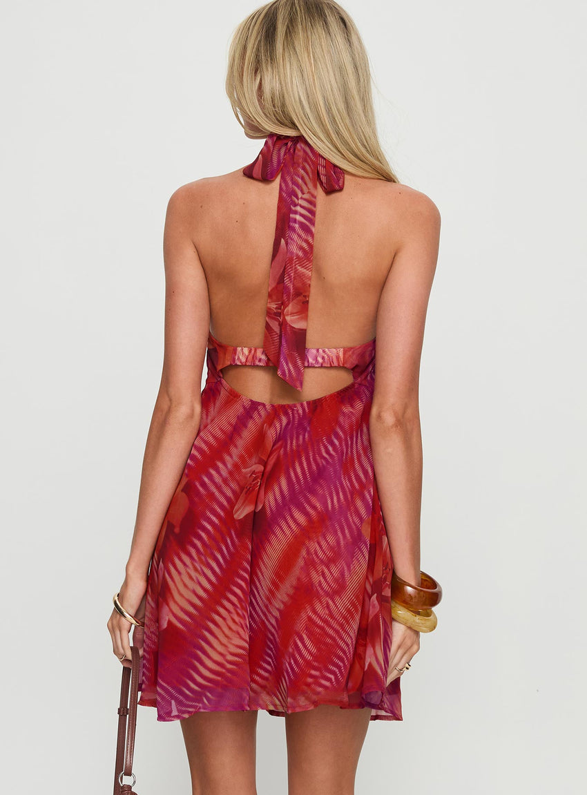 Magica Halter Keyhole Mini Dress Red Floral