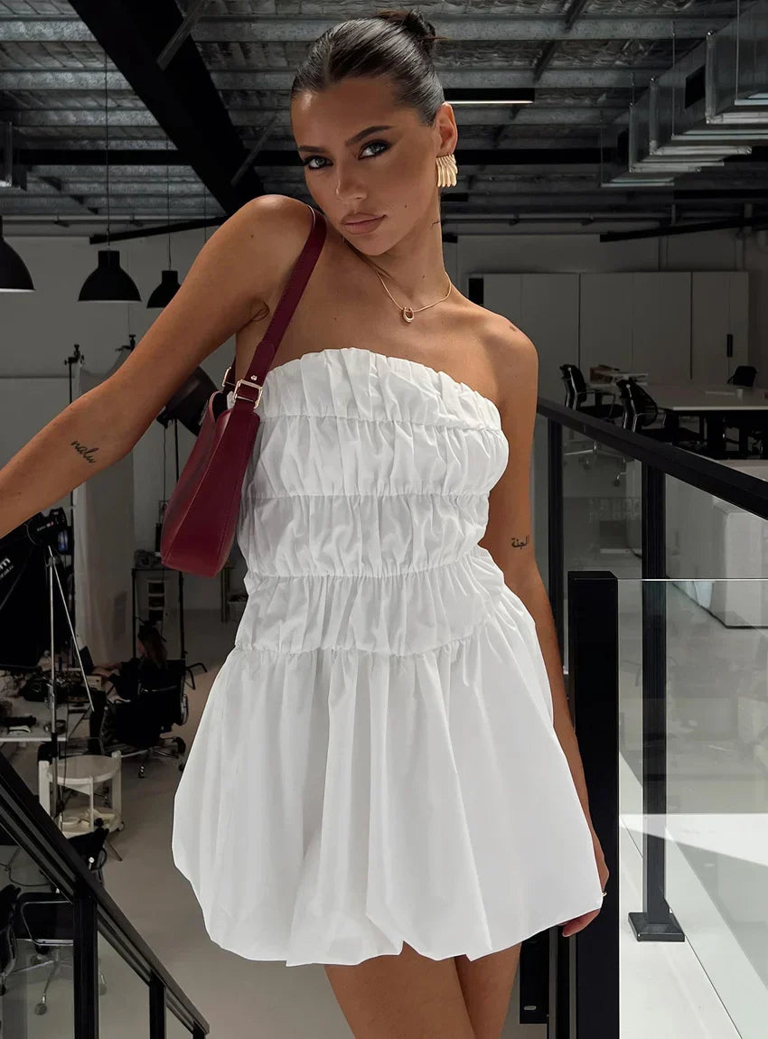Karenza Bubble Hem Mini Dress White