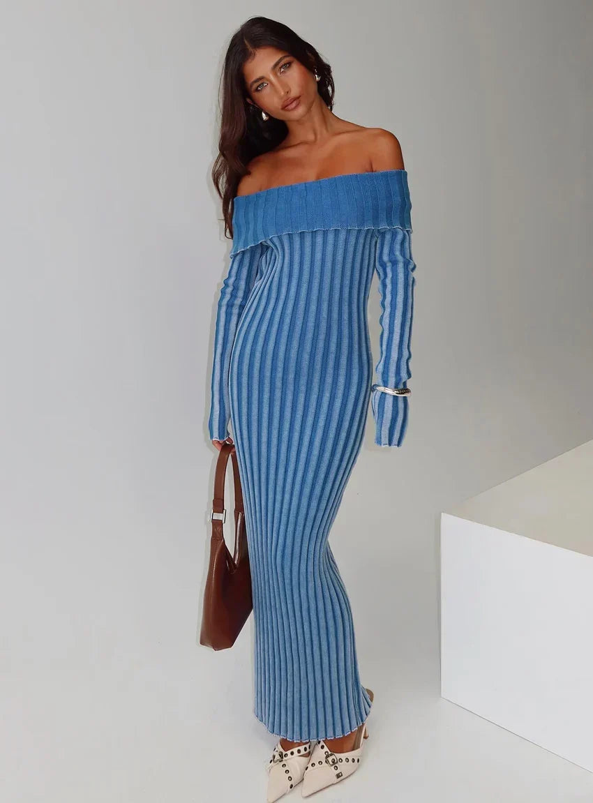 Mariska Long Sleeve Rib Maxi Dress Blue
