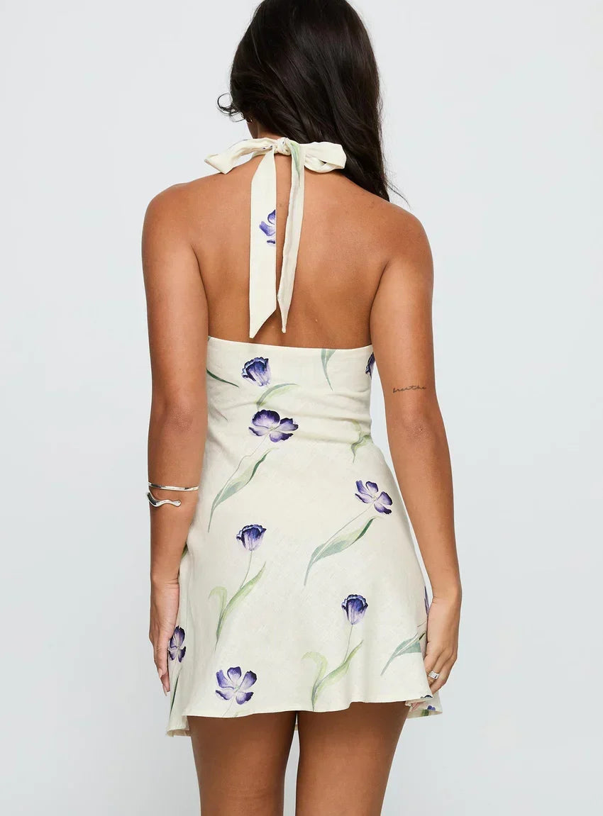 Havenna Halter Linen Blend Mini Dress Cream Floral