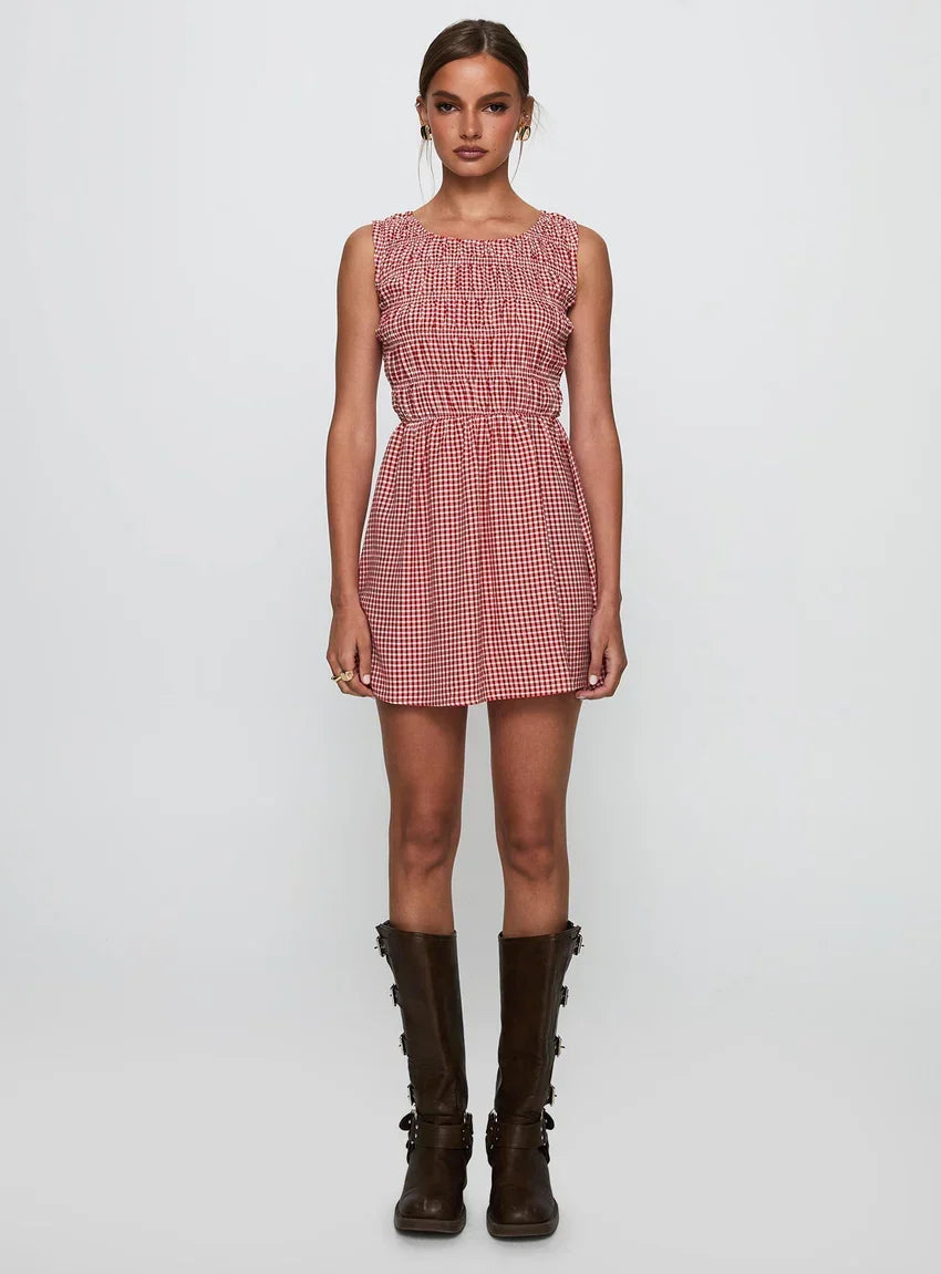 Winxie Shirred Mini Dress Red Gingham