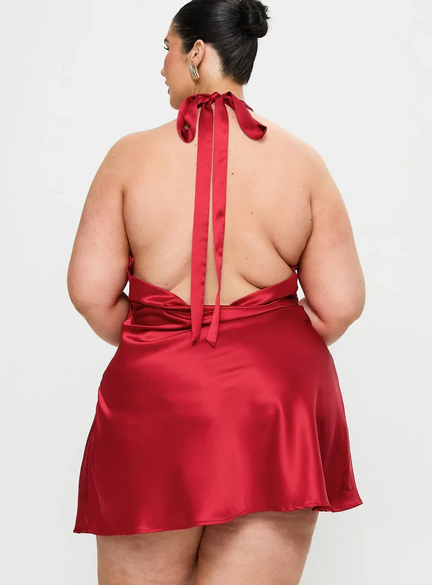 Pelagia Halter Scarf Tie Mini Dress Red Curve