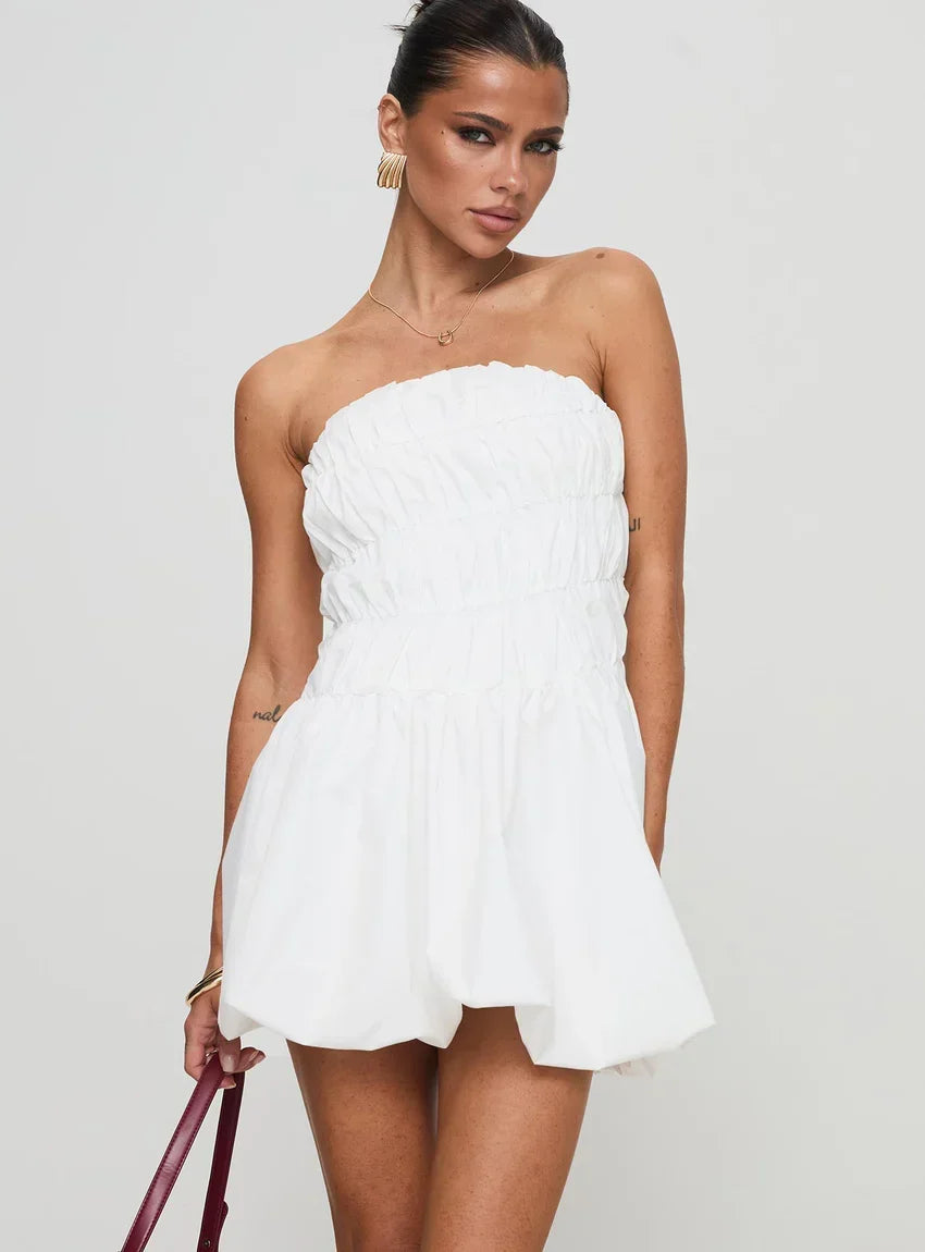 Karenza Bubble Hem Mini Dress White