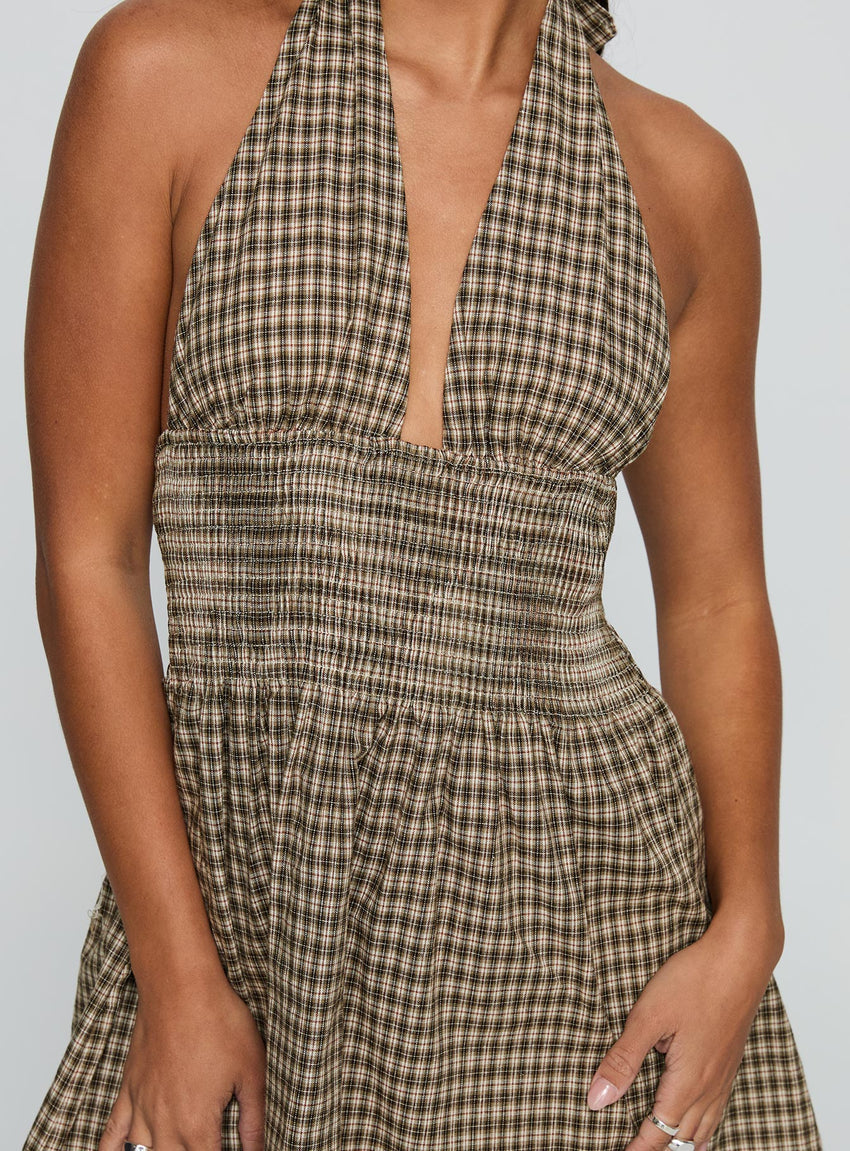 Juanette Halter Mini Dress Brown Check