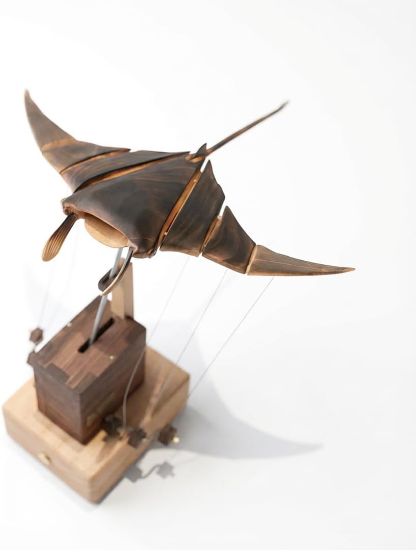 Wooden Kinetic Manta Ray Sculpture – Walnut Automata Desk Decor