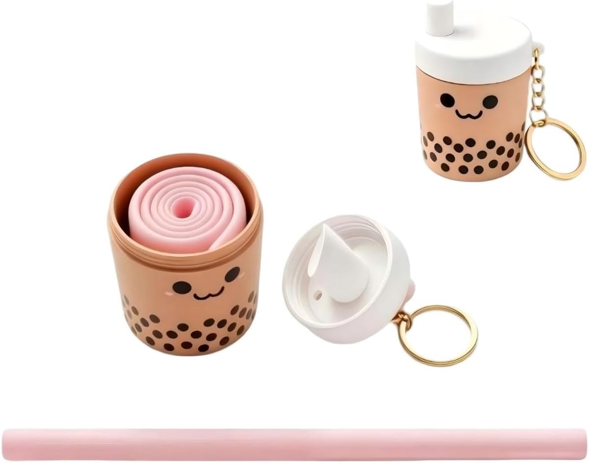 Reusable Boba Straw Keychain – Collapsible Silicone Straw with Case