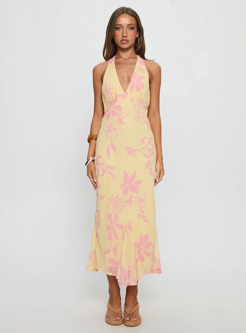 Alayla Halter Midi Dress Yellow Floral VIP