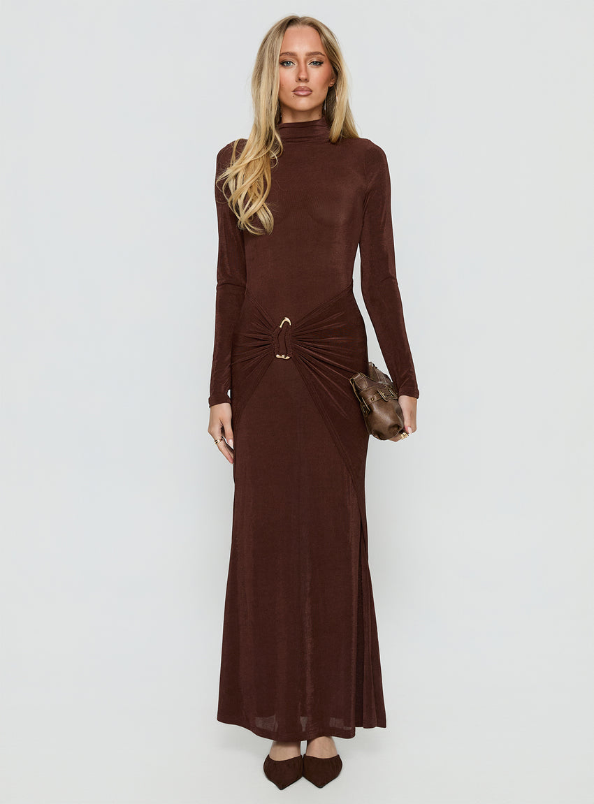 Yaqueline Long Sleeve Ruched Maxi Dress Chocolate