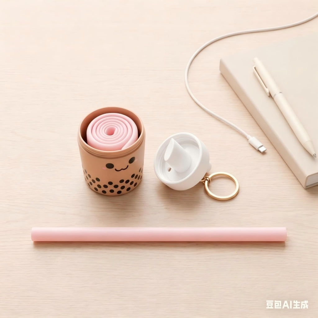 Reusable Boba Straw Keychain – Collapsible Silicone Straw with Case