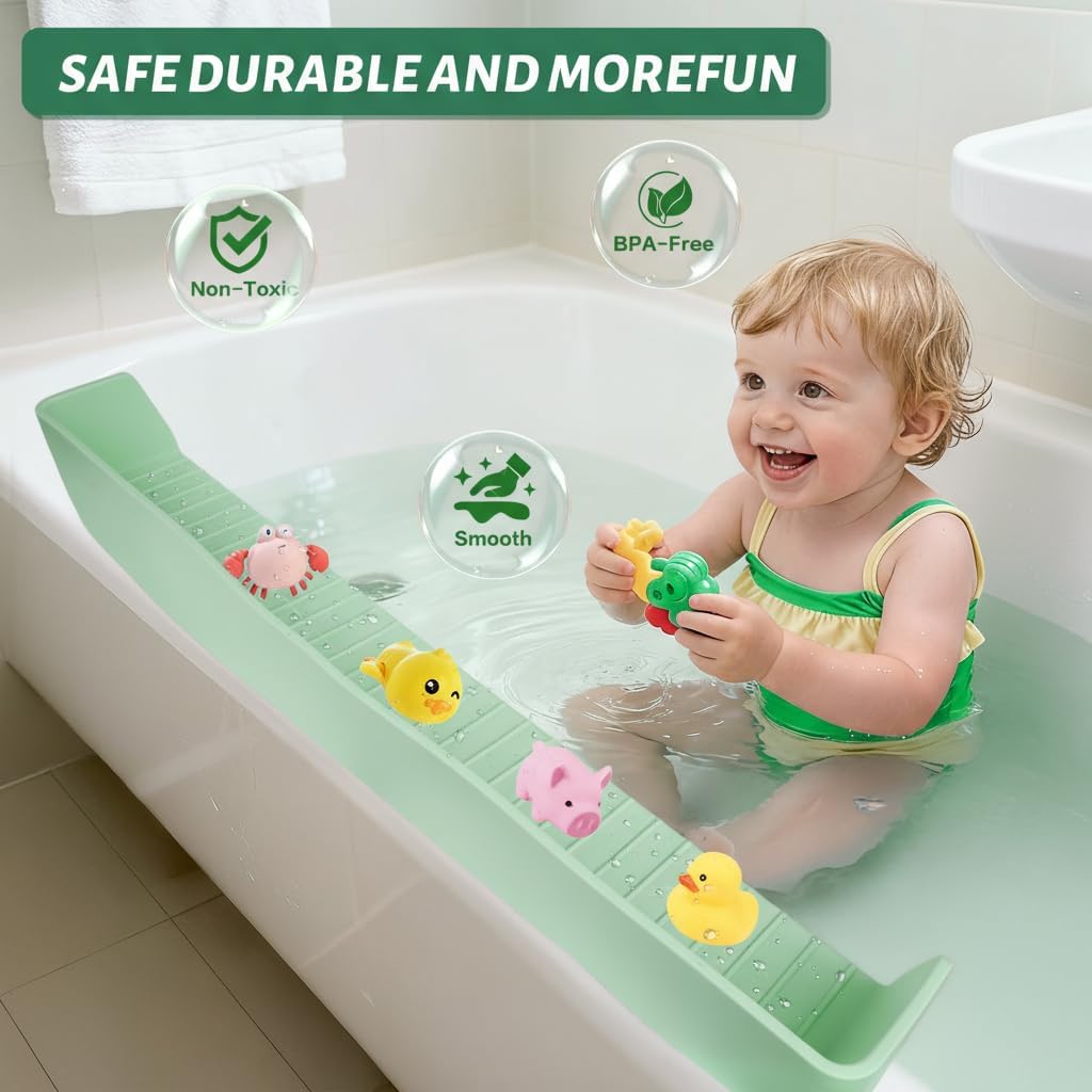 Bathtub Splash Guard for Kids – Bath Tray & Toy Storage Shelf with Suction Cups (2.6 FT, Green)