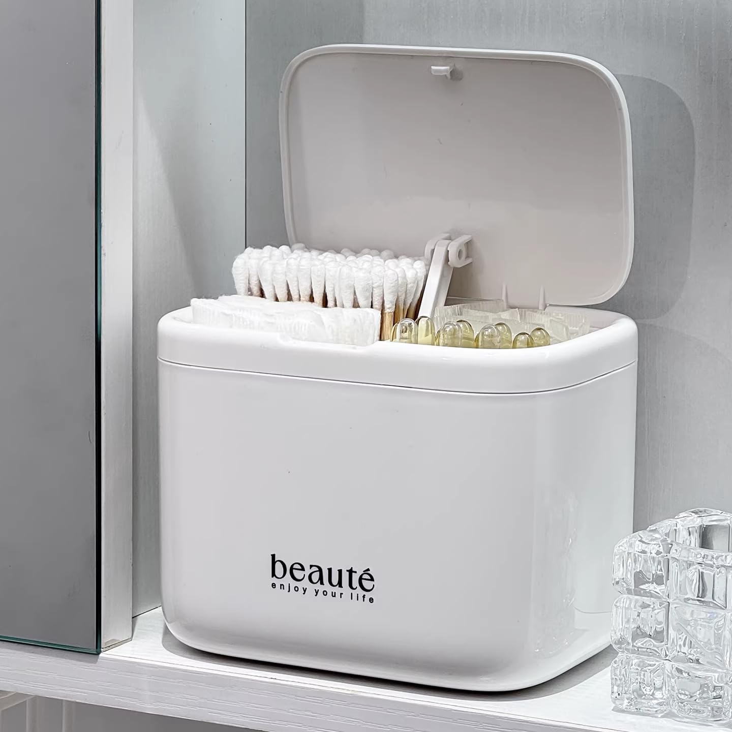 Pop-Up Cotton Swab Holder – 4-Compartment Wall Mount Bathroom Organizer