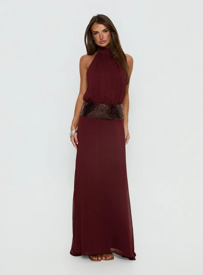 Darwinn Drop Waist Sequin Detail Maxi Dress Burgundy