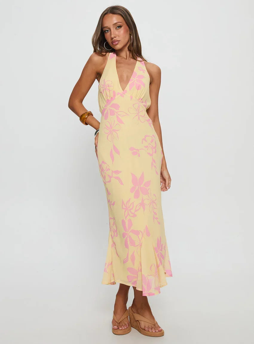 Alayla Halter Midi Dress Yellow Floral VIP