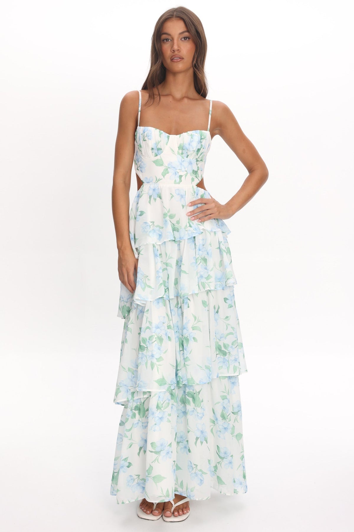 Vianne Tiered Cut-Out Maxi Dress Floral Blue