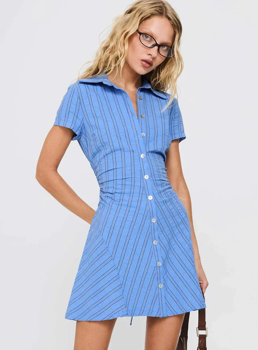 Saydie Button Down Mini Dress Blue Stripe VIP