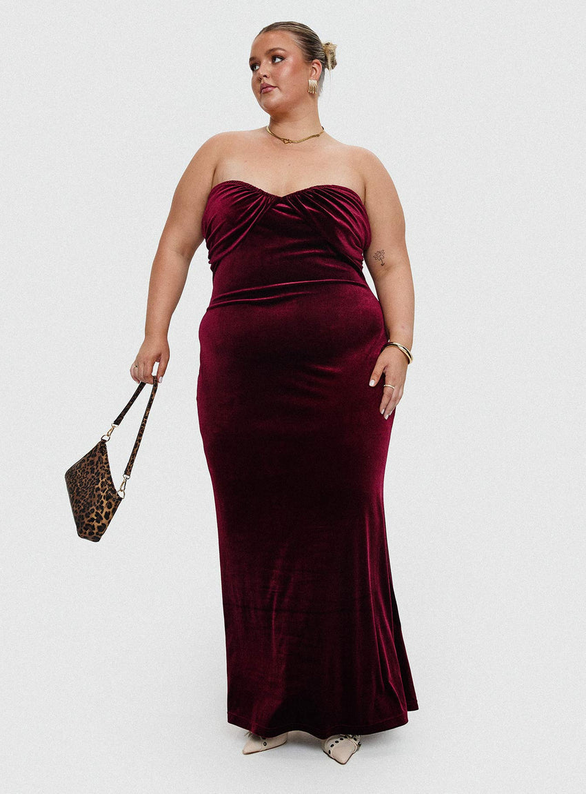 Irena Strapless Maxi Dress Burgundy Curve