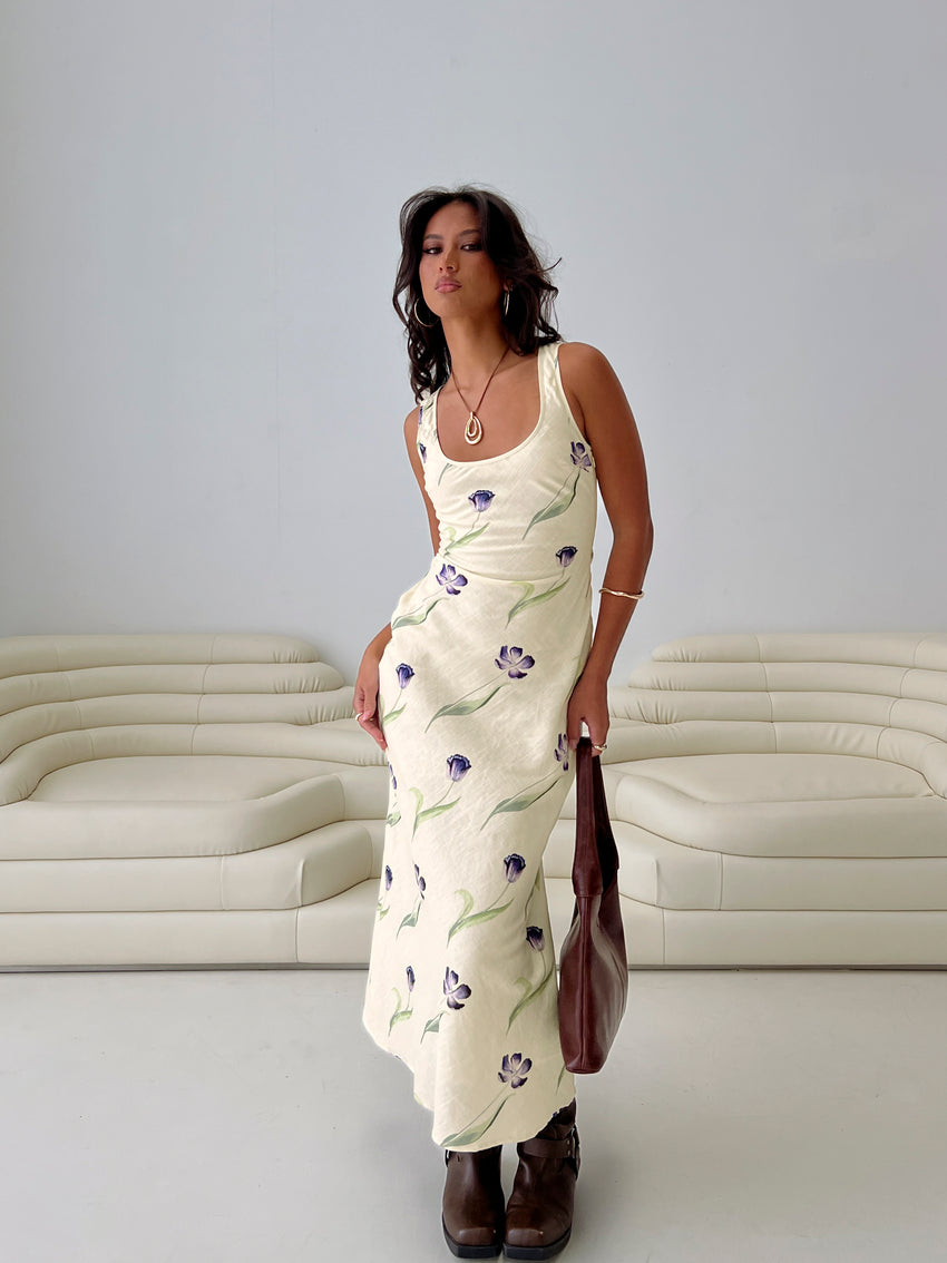 Jessabelle Linen Blend Midi Dress Cream Floral