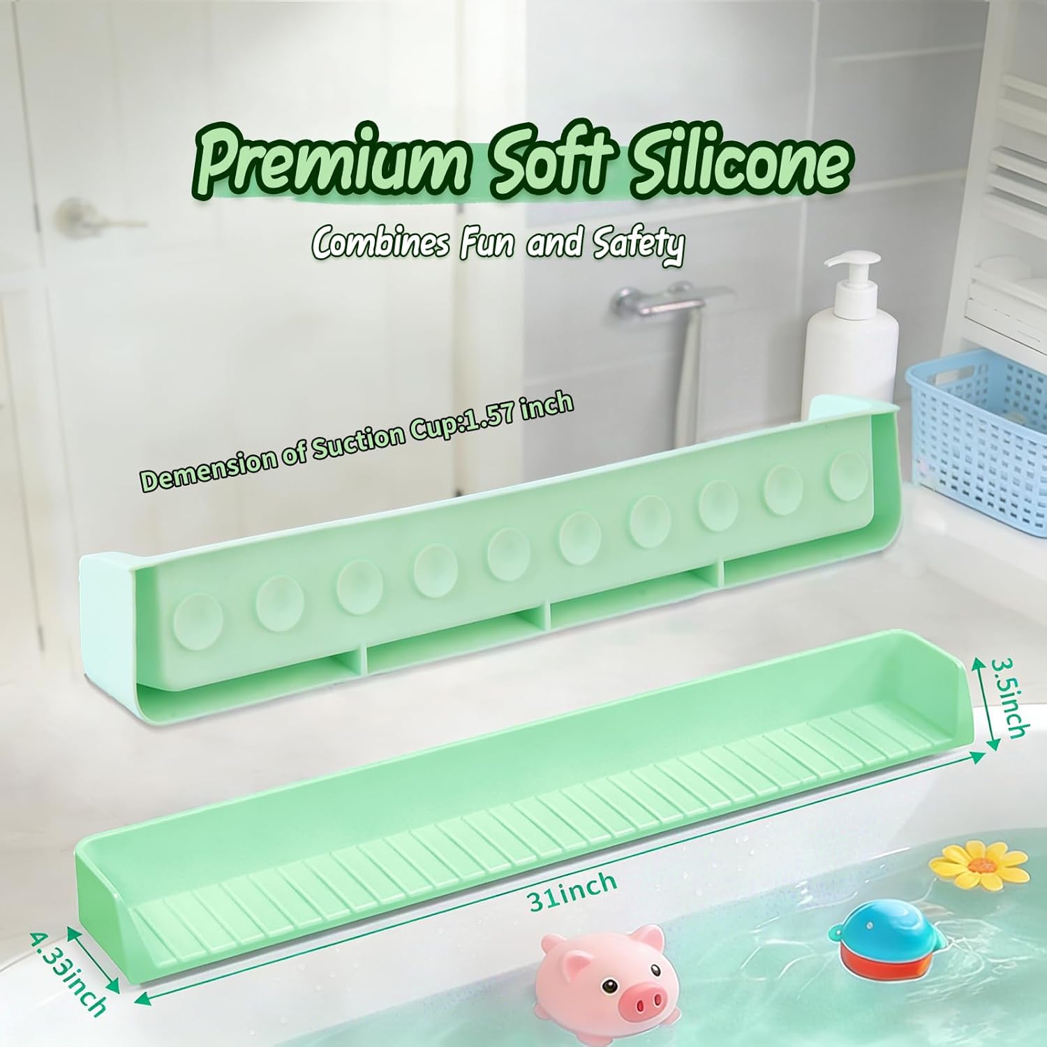 Bathtub Splash Guard for Kids – Bath Tray & Toy Storage Shelf with Suction Cups (2.6 FT, Green)