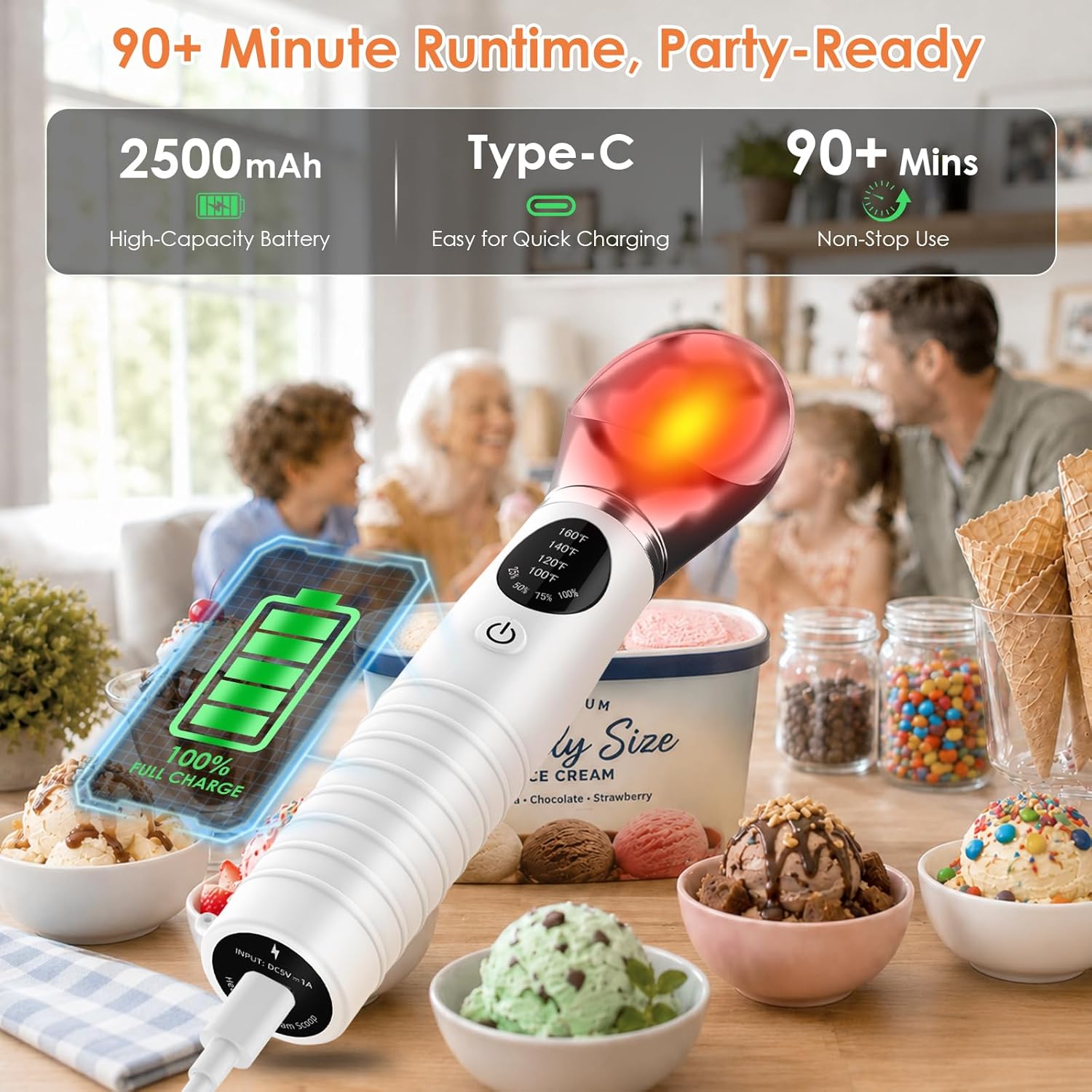Electric Heated Ice Cream Scoop – Rechargeable Warming Scooper with LED