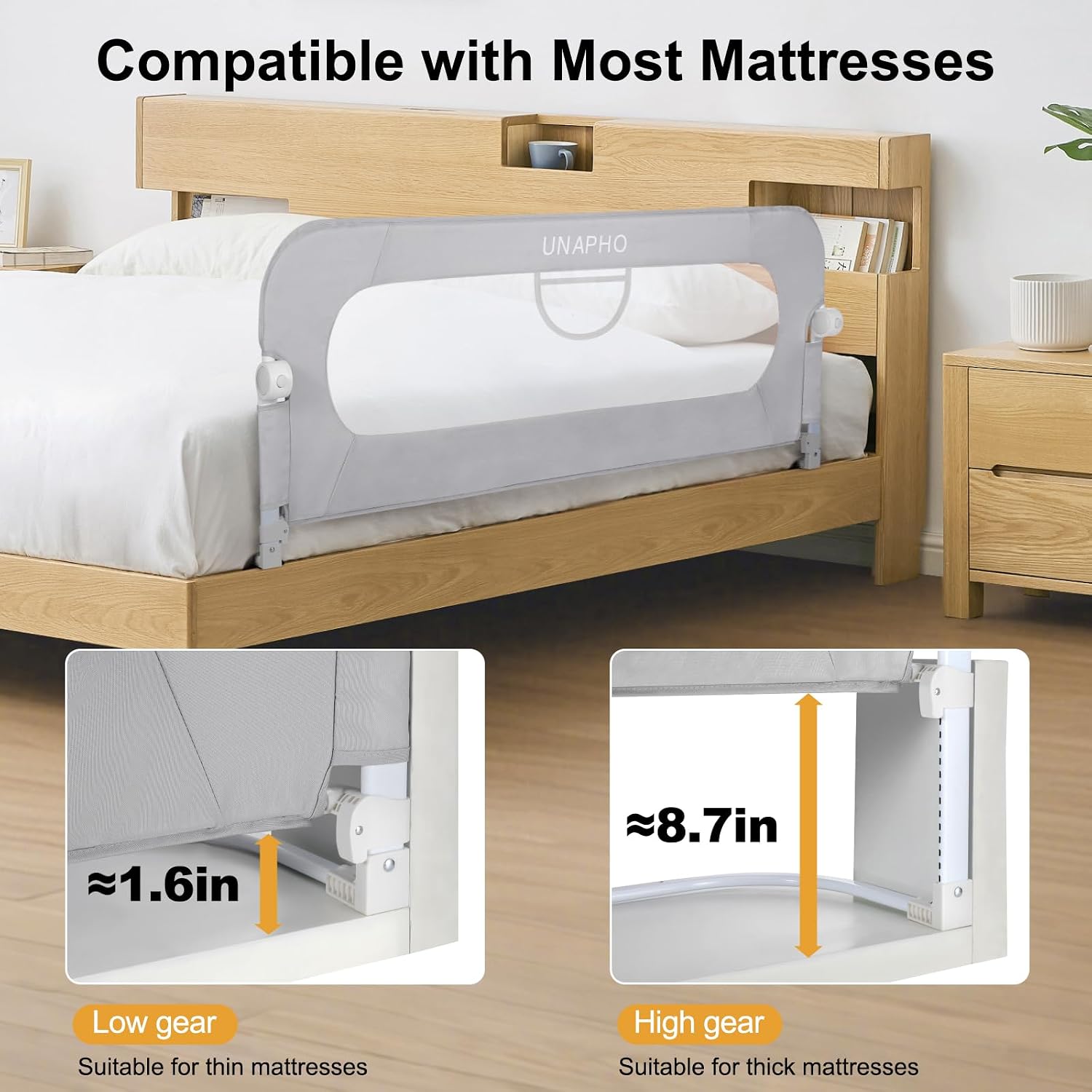 Toddler Bed Rail Guard - Swing Down Safety Bed Rail for Kids, Adjustable Height, Fits Most Beds.