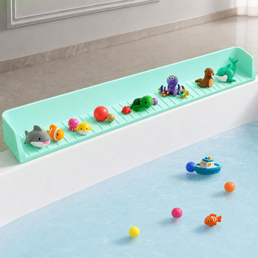 Bathtub Splash Guard for Kids – Bath Tray & Toy Storage Shelf with Suction Cups (2.6 FT, Green)
