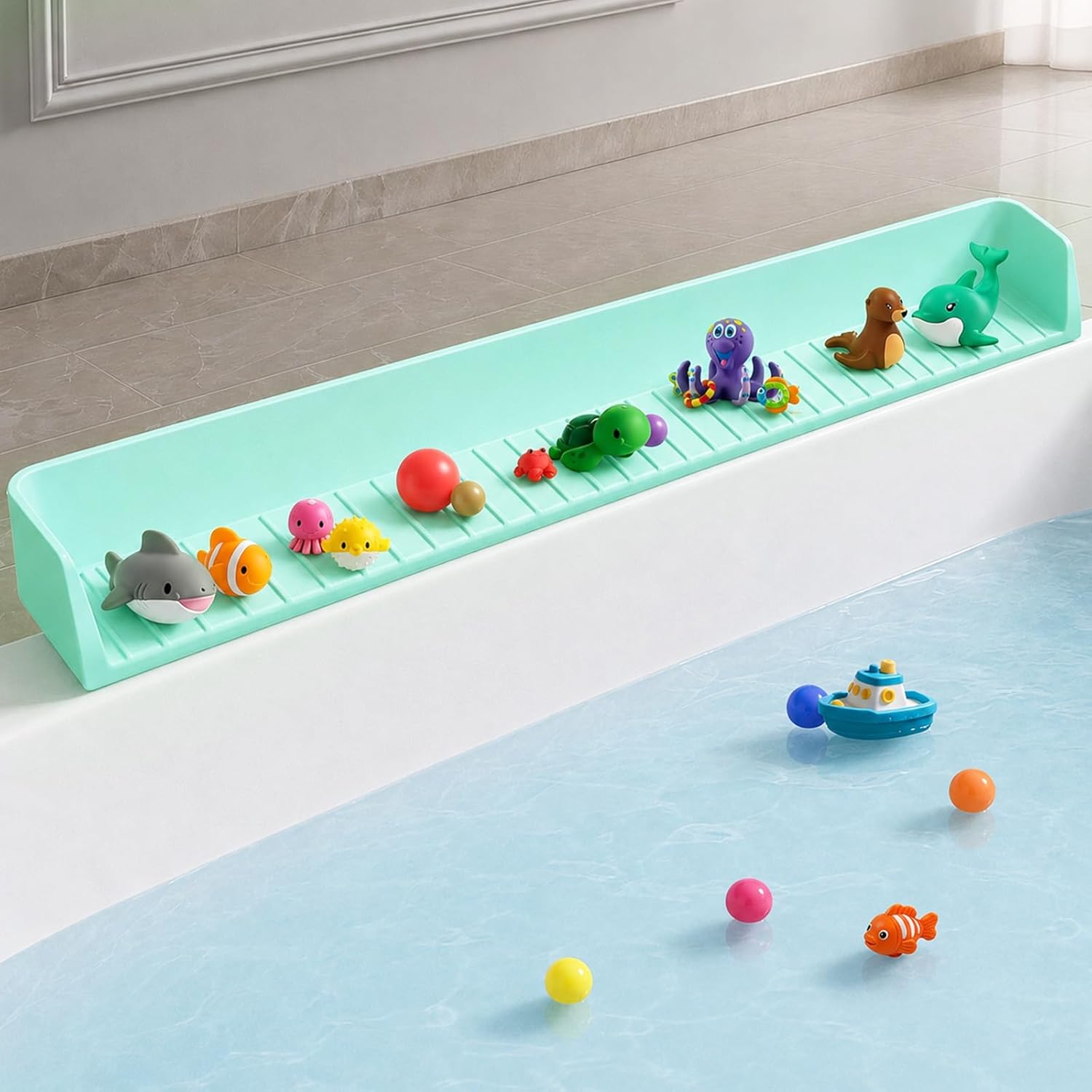 Bathtub Splash Guard for Kids – Bath Tray & Toy Storage Shelf with Suction Cups (2.6 FT, Green)